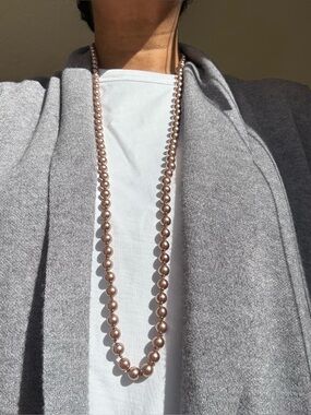 Vintage Hand Knotted Classic Taupe Faux Glass Pearl Long Strand Opera Necklace